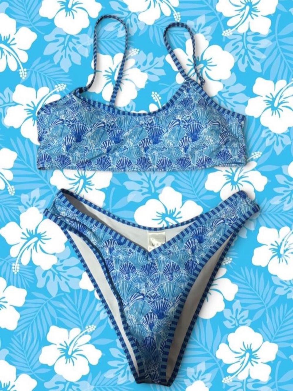 cute blue shell print bikini set